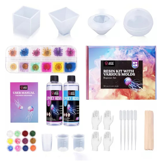Let's Resin epoxi öntőgyanta dekorkészítő szett - 500 ml, öntőformákkal, sok dekorral!
