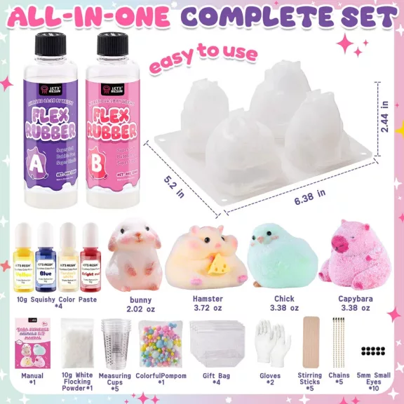 Let's Resin Squishy kezdő készlet - 4 cuki állatfigurával, 800 ml